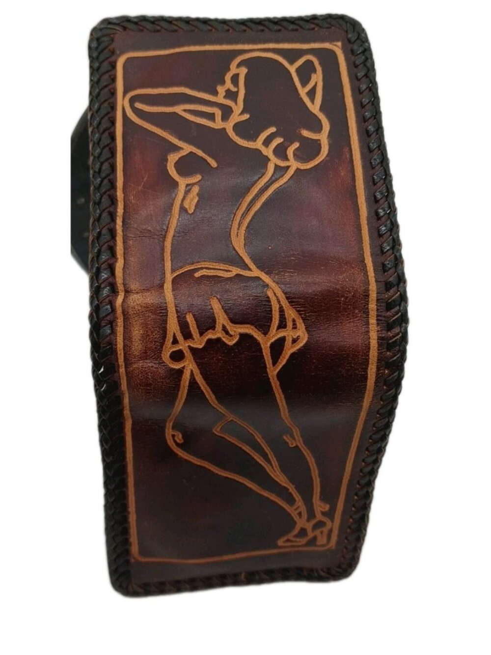 Girl Etched Brown Leather Bifold Wallet Vintage Hand Made Braided Pinup